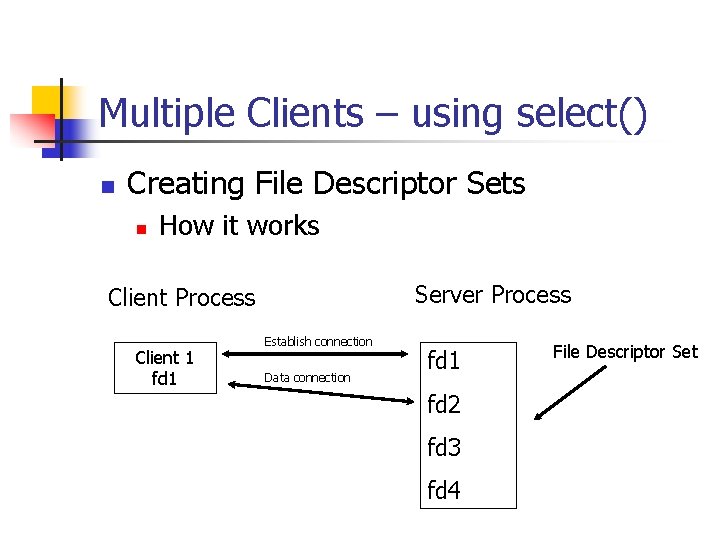 Multiple Clients – using select() n Creating File Descriptor Sets n How it works