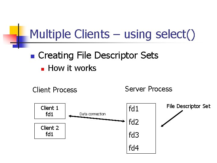 Multiple Clients – using select() n Creating File Descriptor Sets n How it works