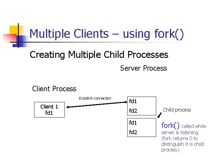 Multiple Clients – using fork() Creating Multiple Child Processes Server Process Client Process Establish