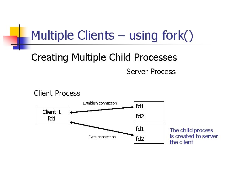 Multiple Clients – using fork() Creating Multiple Child Processes Server Process Client Process Establish