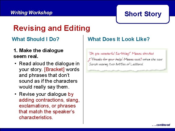 Writing Workshop Short Story Revising and Editing What Should I Do? What Does It Writing Workshop Short Story Revising and Editing What Should I Do? What Does It