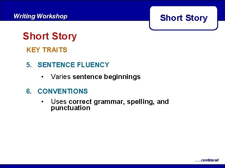 Writing Workshop Short Story KEY TRAITS 5. SENTENCE FLUENCY • Varies sentence beginnings 6. Writing Workshop Short Story KEY TRAITS 5. SENTENCE FLUENCY • Varies sentence beginnings 6.