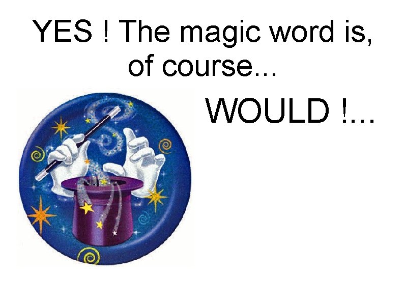 YES ! The magic word is, of course. . . WOULD !. . .