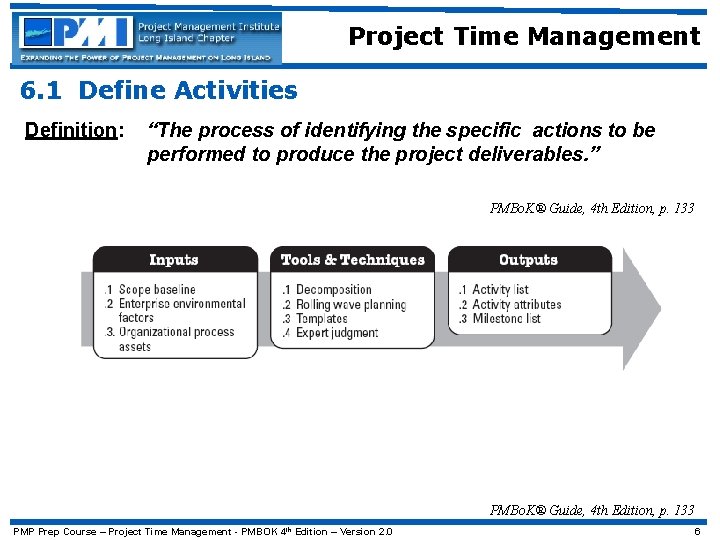 Project Time Management 6. 1 Define Activities Definition: “The process of identifying the specific