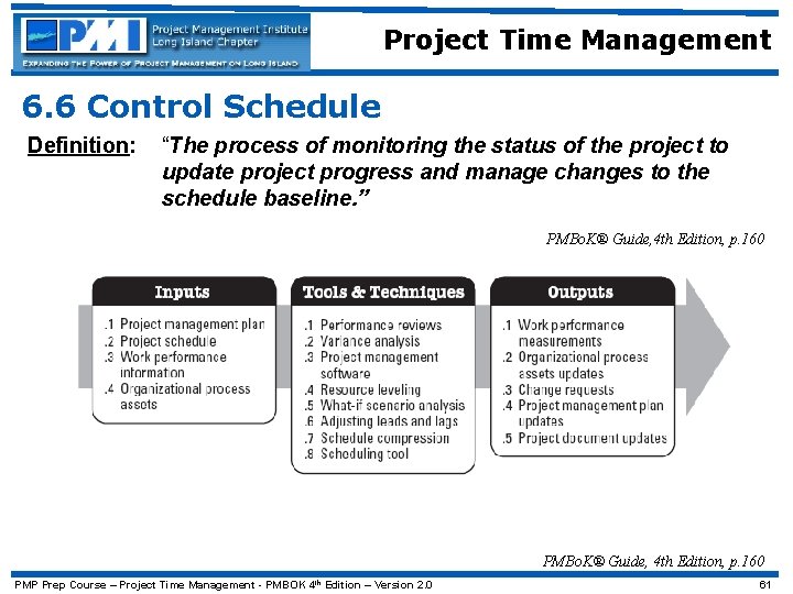 Project Time Management 6. 6 Control Schedule Definition: “The process of monitoring the status