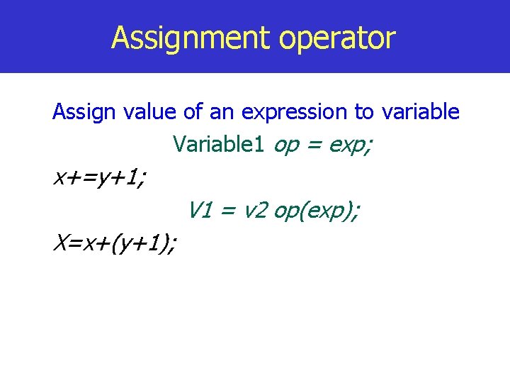 Assignment operator Assign value of an expression to variable Variable 1 op = exp;