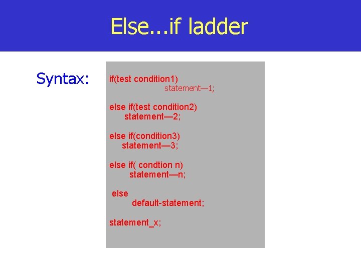 Else. . . if ladder Syntax: if(test condition 1) statement— 1; else if(test condition