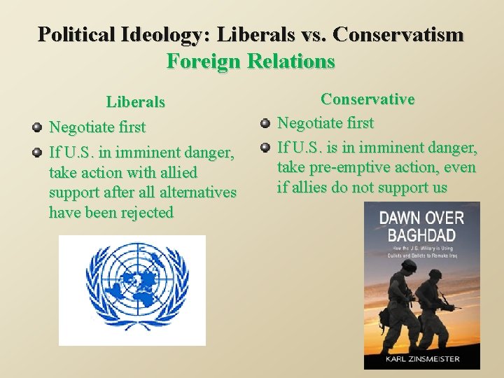 Political Ideology: Liberals vs. Conservatism Foreign Relations Liberals Negotiate first If U. S. in