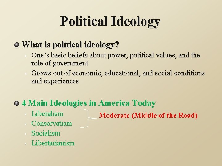 Political Ideology What is political ideology? § § One’s basic beliefs about power, political