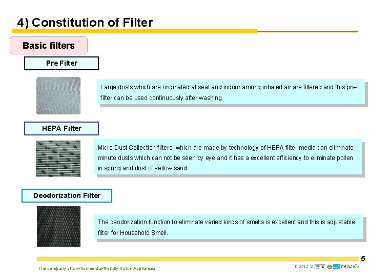 4) Constitution of Filter Basic filters Pre Filter Large dusts which are originated at