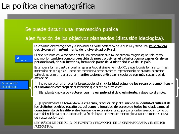 La política cinematográfica Se puede discutir una intervención pública a)en función de los objetivos