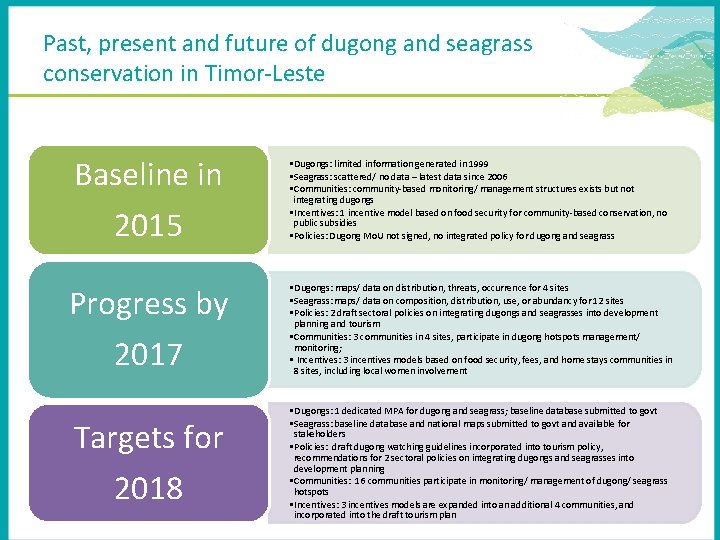 Past, present and future of dugong and seagrass conservation in Timor-Leste Baseline in 2015