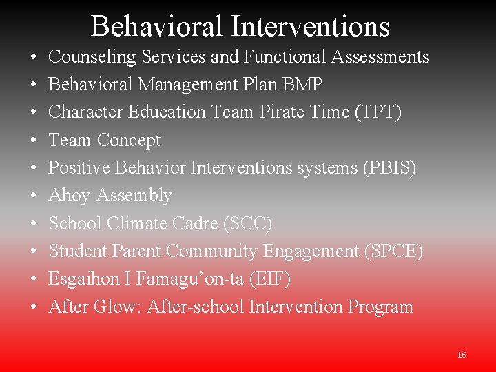 Behavioral Interventions • • • Counseling Services and Functional Assessments Behavioral Management Plan BMP Behavioral Interventions • • • Counseling Services and Functional Assessments Behavioral Management Plan BMP