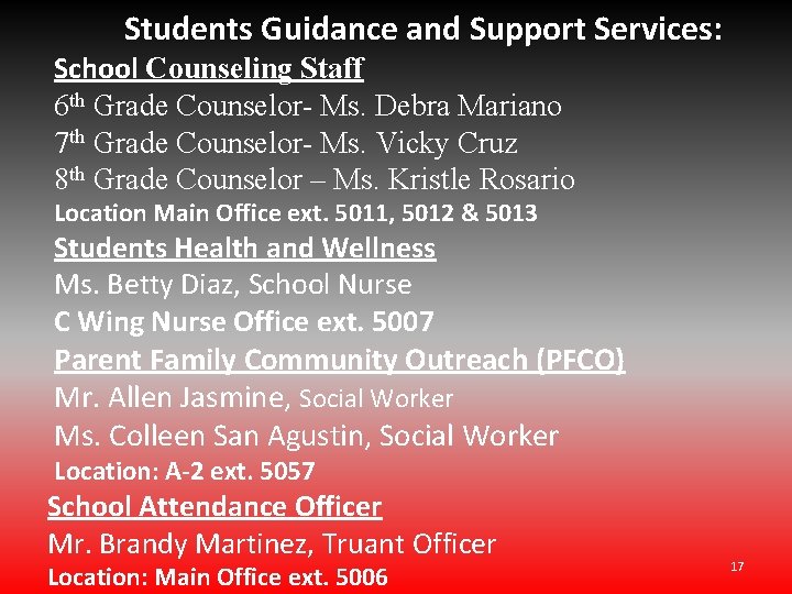 Students Guidance and Support Services: School Counseling Staff 6 th Grade Counselor- Ms. Debra Students Guidance and Support Services: School Counseling Staff 6 th Grade Counselor- Ms. Debra