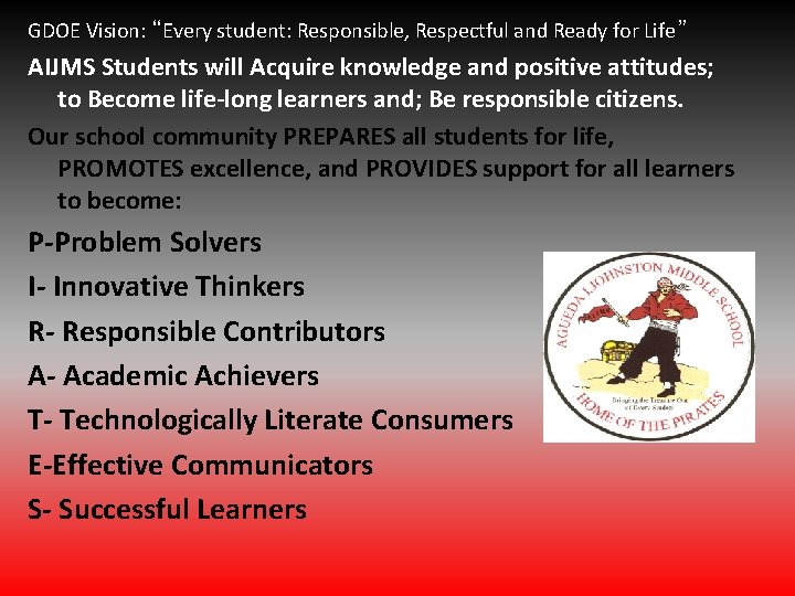 GDOE Vision: “Every student: Responsible, Respectful and Ready for Life” AIJMS Students will Acquire GDOE Vision: “Every student: Responsible, Respectful and Ready for Life” AIJMS Students will Acquire