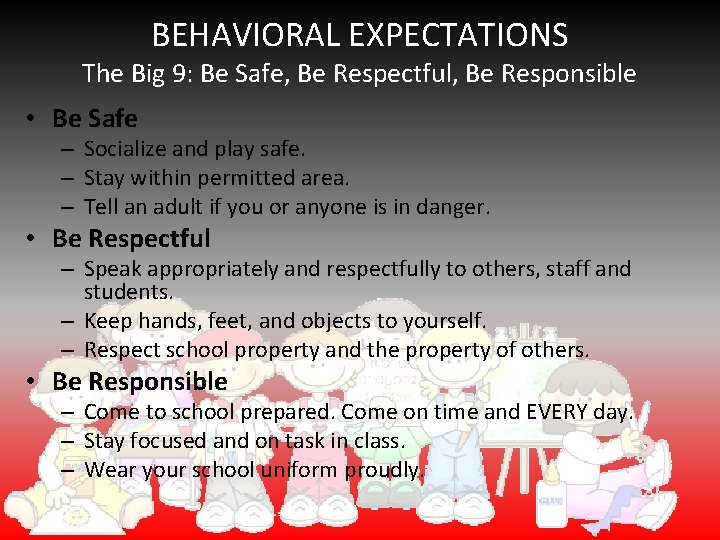 BEHAVIORAL EXPECTATIONS The Big 9: Be Safe, Be Respectful, Be Responsible • Be Safe BEHAVIORAL EXPECTATIONS The Big 9: Be Safe, Be Respectful, Be Responsible • Be Safe