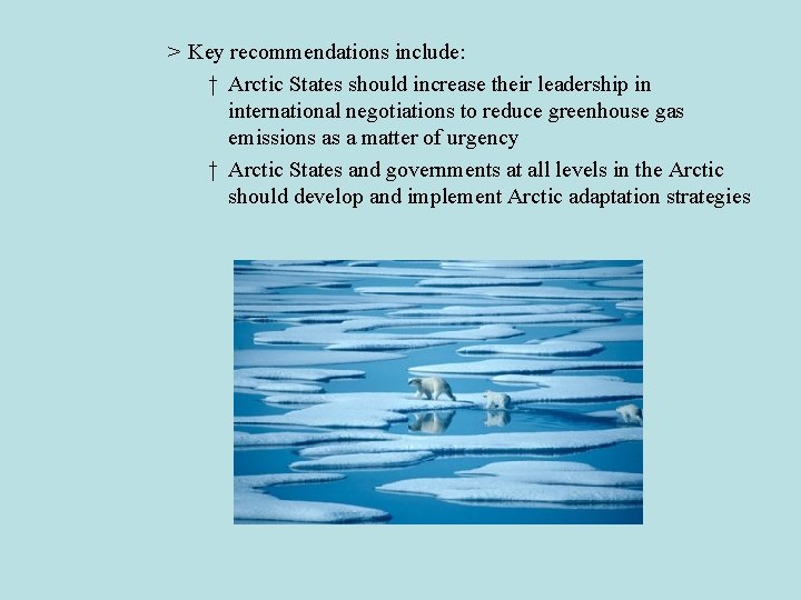 > Key recommendations include: † Arctic States should increase their leadership in international negotiations