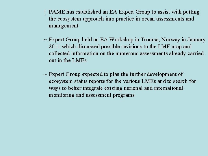 † PAME has established an EA Expert Group to assist with putting the ecosystem