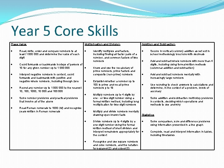 Year 5 Core Skills Place Value Read, write, order and compare numbers to at