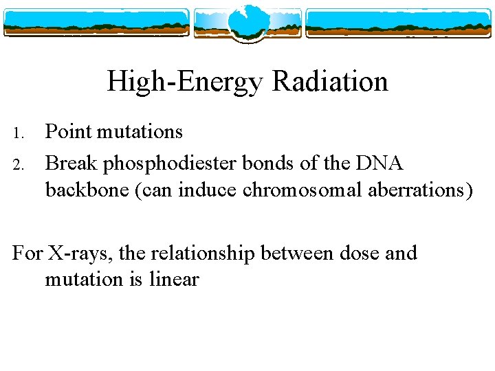 High-Energy Radiation 1. 2. Point mutations Break phosphodiester bonds of the DNA backbone (can