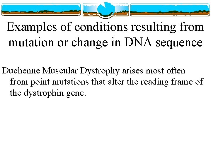 Examples of conditions resulting from mutation or change in DNA sequence Duchenne Muscular Dystrophy