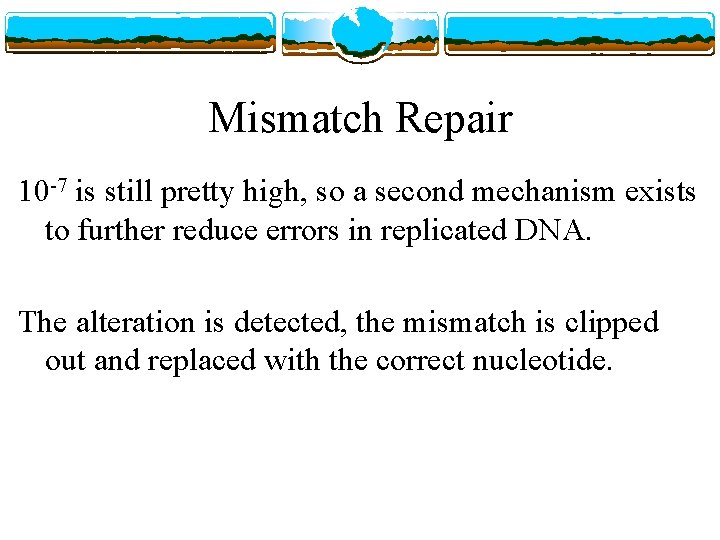 Mismatch Repair 10 -7 is still pretty high, so a second mechanism exists to