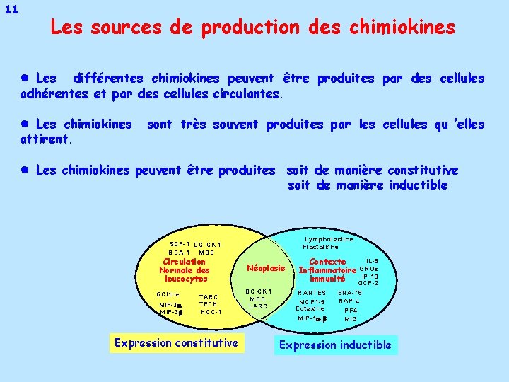 11 Les sources de production des chimiokines l Les différentes chimiokines peuvent être produites