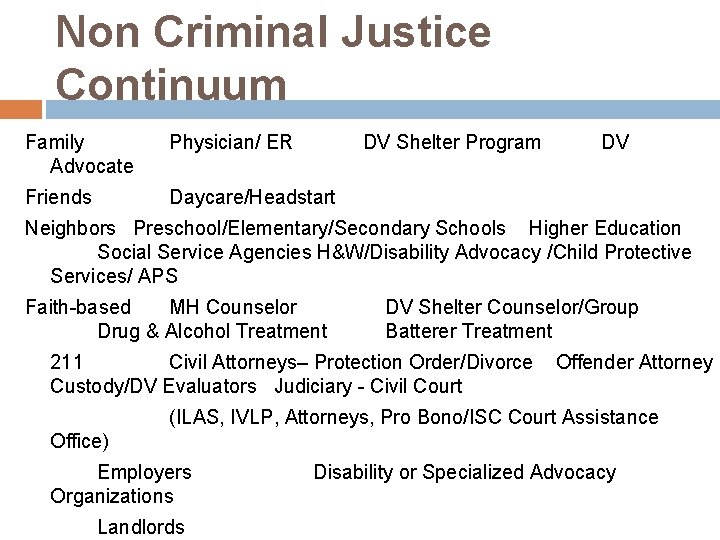Non Criminal Justice Continuum Family Physician/ ER DV Shelter Program Advocate Friends DV Daycare/Headstart