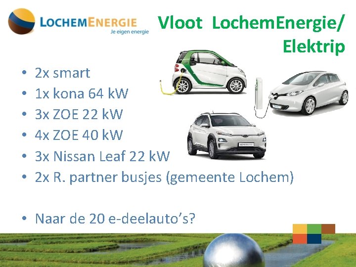 Vloot Lochem. Energie/ Elektrip • • • 2 x smart 1 x kona 64