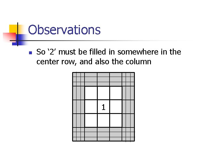 Observations n So ‘ 2’ must be filled in somewhere in the center row,