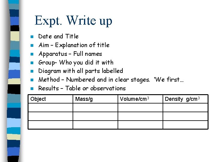 Expt. Write up n n n n Date and Title Aim – Explanation of