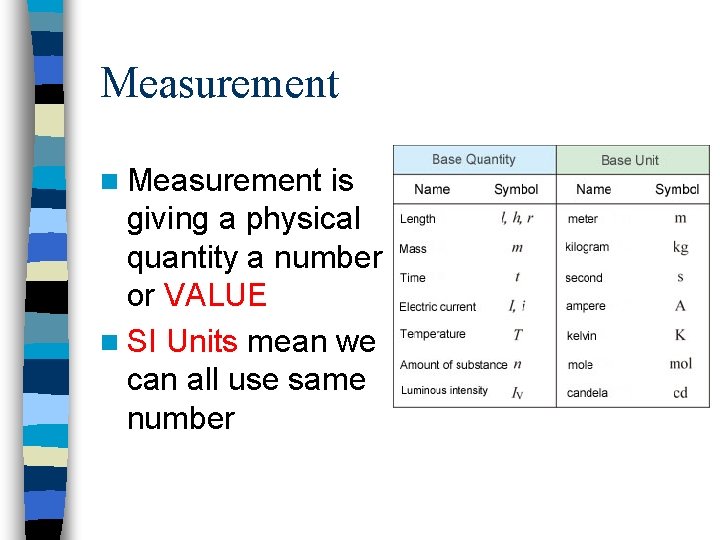 Measurement n Measurement is giving a physical quantity a number or VALUE n SI