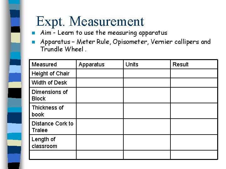 Expt. Measurement Aim - Learn to use the measuring apparatus n Apparatus – Meter