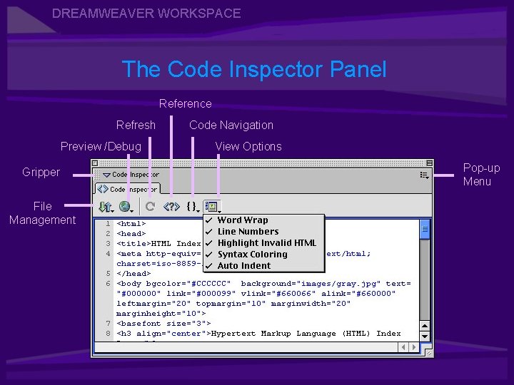 DREAMWEAVER WORKSPACE The Code Inspector Panel Reference Refresh Preview /Debug Gripper File Management Code