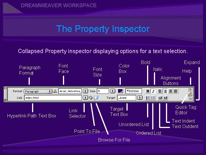 DREAMWEAVER WORKSPACE The Property Inspector Collapsed Property inspector displaying options for a text selection.