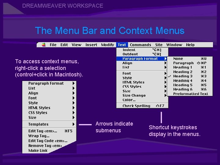 DREAMWEAVER WORKSPACE The Menu Bar and Context Menus To access context menus, right-click a
