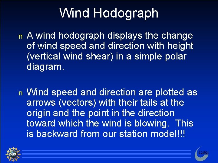 Wind Hodograph n A wind hodograph displays the change of wind speed and direction