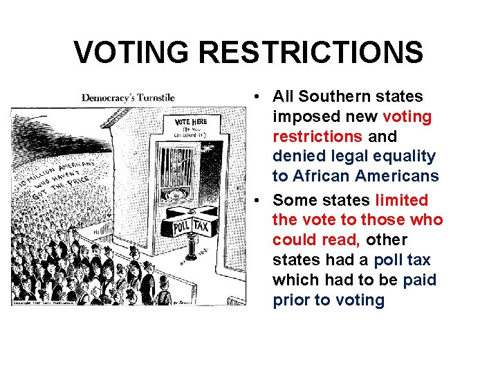 VOTING RESTRICTIONS • All Southern states imposed new voting restrictions and denied legal equality