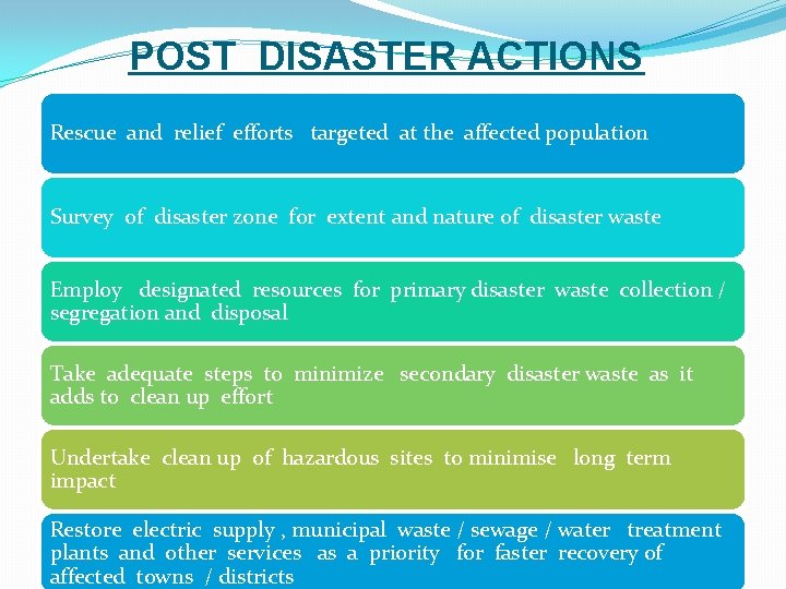 POST DISASTER ACTIONS Rescue and relief efforts targeted at the affected population Survey of