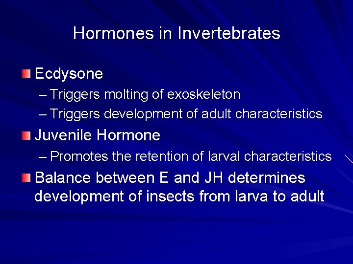 Hormones in Invertebrates Ecdysone – Triggers molting of exoskeleton – Triggers development of adult