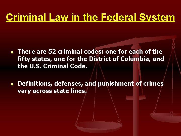 Criminal Law in the Federal System n n There are 52 criminal codes: one