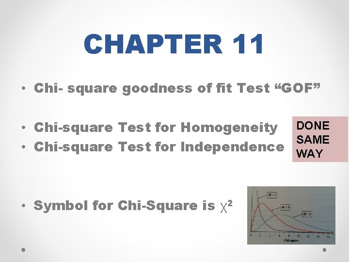 CHAPTER 11 • Chi- square goodness of fit Test “GOF” • Chi-square Test for
