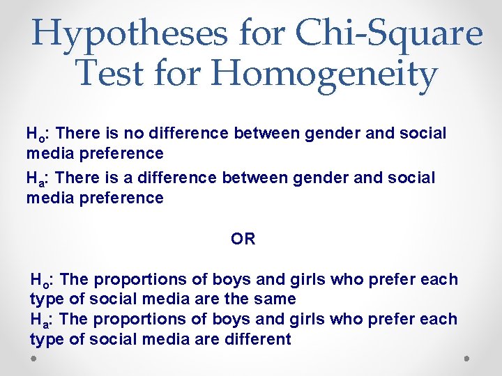 Hypotheses for Chi-Square Test for Homogeneity Ho: There is no difference between gender and