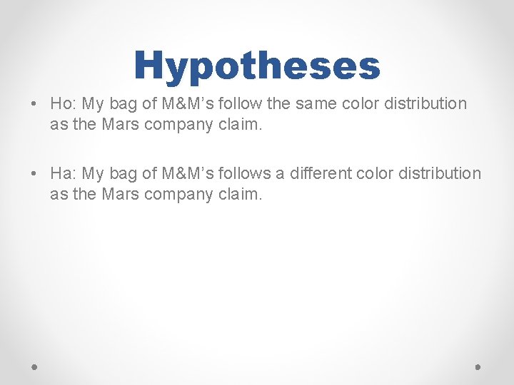 Hypotheses • Ho: My bag of M&M’s follow the same color distribution as the