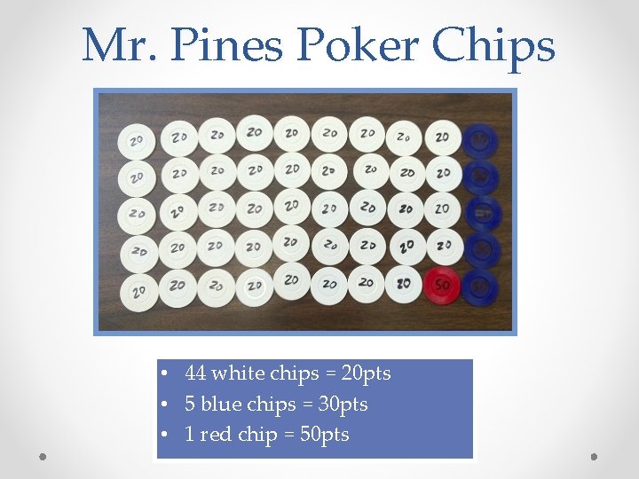 Mr. Pines Poker Chips • 44 white chips = 20 pts • 5 blue