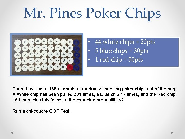Mr. Pines Poker Chips • 44 white chips = 20 pts • 5 blue