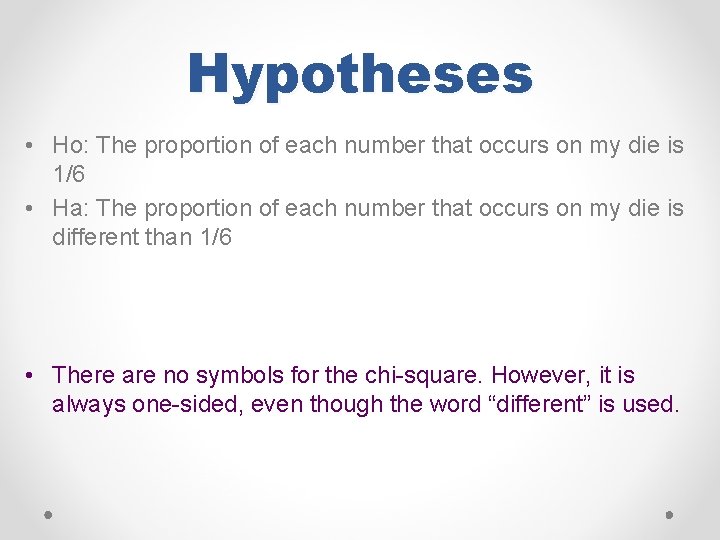 Hypotheses • Ho: The proportion of each number that occurs on my die is