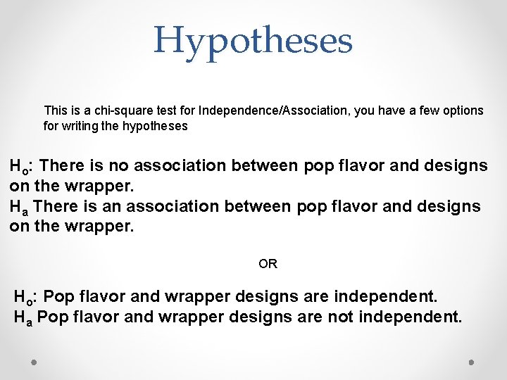 Hypotheses This is a chi-square test for Independence/Association, you have a few options for