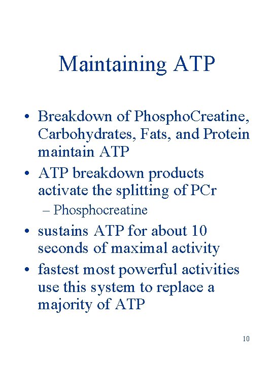 Maintaining ATP • Breakdown of Phospho. Creatine, Carbohydrates, Fats, and Protein maintain ATP •