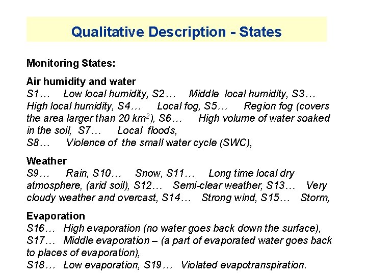 Qualitative Description - States Monitoring States: Air humidity and water S 1… Low local Qualitative Description - States Monitoring States: Air humidity and water S 1… Low local